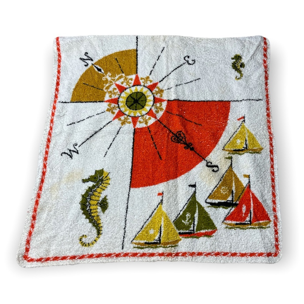 Vintage Yellow Green Orange Nautical Sailboat Compass Seahorse Towel 1970's